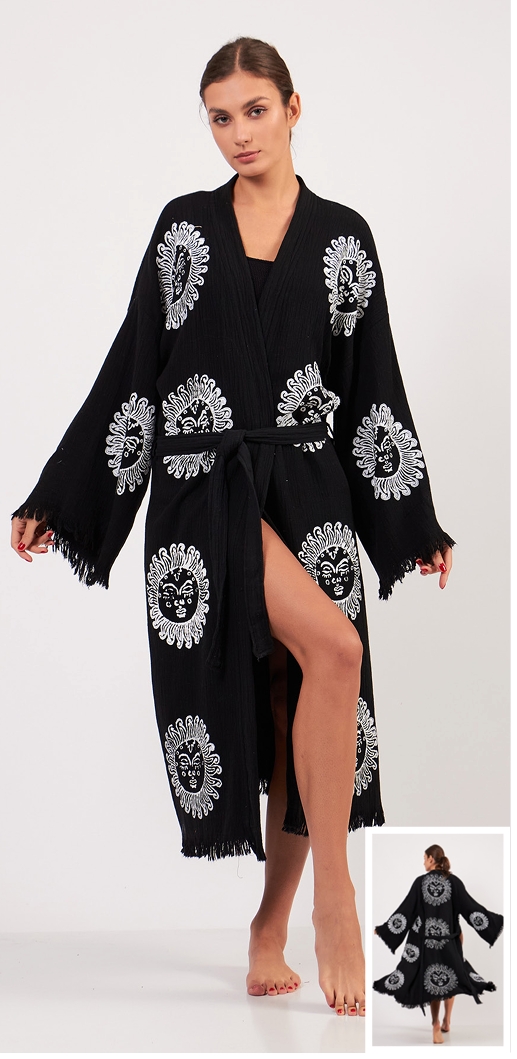 Muslin Natural Print Pocket Kimono Bathrobe Resim